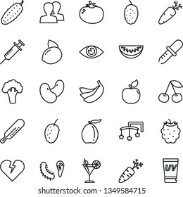 thin line vector icon set - women vector, toys over the cot, mercury thermometer, broken heart, eye, cucumber, tomato, carrot, cocktail, cherry, apricot, blackberry, mulberry, tasty, loquat, bananas