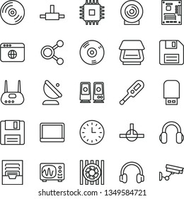 thin line vector icon set - floppy disk vector, archive, electronic thermometer e, CD, lens, satellite antenna, connections, wall watch, notebook pc, radiator fan, motherboard, cpu, router, scanner