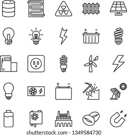 thin line vector icon set - lightning vector, incandescent lamp, saving light bulb, power socket type b, heating coil, new radiator, coffee beans, charge level, solar panel, big, coal mining, barrel