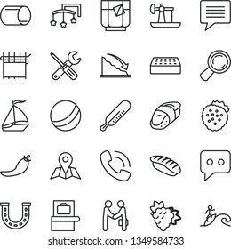 thin line vector icon set - image of thought vector, toys over the cot, mercury thermometer, bath ball, small tools, brick, map, sushi, japanese, a glass tea, strawberries, branch grape, red pepper