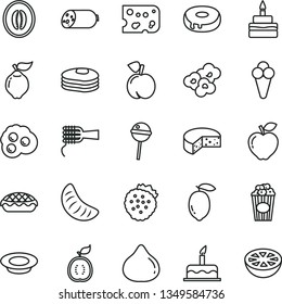 thin line vector icon set - cake vector, sausage, piece of cheese, noodles, birthday, with a hole, apple pie, plate milk, popcorn, cup, cone, omelette, strawberries, pancakes, peach