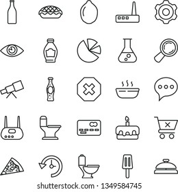thin line vector icon set - mark of injury vector, cogwheel, toilet, comfortable, speech, eye, crossed cart, piece pizza, torte, apple pie, hot porridge, bottle soda, popsicle, lime, Glass, charts