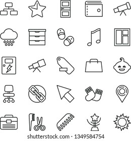 thin line vector icon set - purse vector, spectacles, remove label, storage unit, accessories for a hairstyle, comb, cloud, warm socks, funny hairdo, child shoes, window, portfolio, interroom door