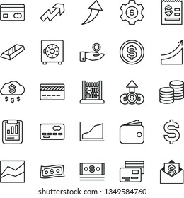 thin line vector icon set - bank card vector, growth up, line chart, abacus, strongbox, cards, coins, reverse side of a, front the, statistical report, denomination dollar, article on, catch coin