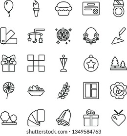 thin line vector icon set - toys over the cradle vector, balloon, building trowel, window, color samples, sample of colour, tile, bell, gift, cake, a plate fruit, lollipop, squash, trees, forest