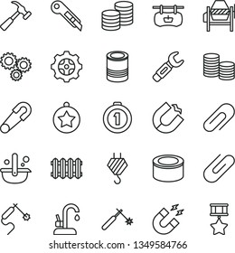 thin line vector icon set - clip vector, safety pin, hook, concrete mixer, stationery knife, new radiator, kitchen faucet, hammer with claw, coins, canned goods, tin, gear, horseshoe magnet, welding