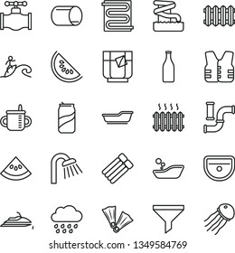 thin line vector icon set - mug for feeding vector, children's bathroom, bath, rainy cloud, sink, shower, heating coil, new radiator, a glass of tea, soda can, slice water melon, valve, pipes, pipe