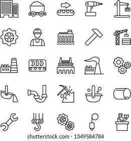 thin line vector icon set - tower crane vector, builder, winch hook, cordless drill, sewerage, buildings, plummet, hammer, coal mining, factory, hydroelectricity, thermal power plant, industrial