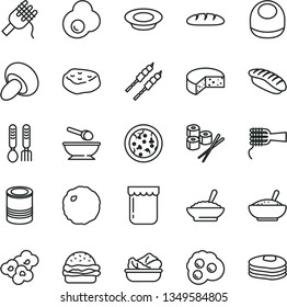 thin line vector icon set - baby bib vector, deep plate with a spoon, iron fork spoons, cheese, loaf, tin, pizza, burger, spaghetti, noodles, porcini, bowl of buckwheat porridge, rice, lettuce in