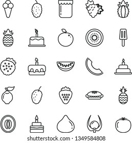 thin line vector icon set - birthday cake vector, torte, pie, popsicle, cone, jam, strawberry, strawberries, a pineapple, branch of grape, quince, fig, mulberry, tasty, slice melon, half, water