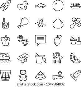thin line vector icon set - image of thought vector, wicker pot, baby rattle, duckling, toy phone, sand set, children's, teddy bear, train, shoes for little children, onion, chicken leg, cabbage