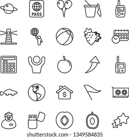 thin line vector icon set - wind direction indicator vector, baby bath ball, toy phone, mobile, children's sand set, colored air balloons, passport, planet, small fish, branch of grape, plum, tasty