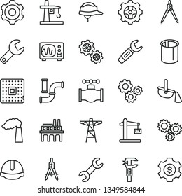 thin line vector icon set - repair key vector, cogwheel, construction helmet, valve, water pipes, manufacture, power pole, industrial enterprise, gear, gears, tower crane, processor, steel, caliper