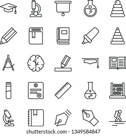 thin line vector icon set - yardstick vector, book, stacking rings, toy, abacus, drawing, notebook, round flask, scribed compasses, pencil, text highlighter, test tube, microscope, brain, patente