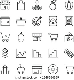 thin line vector icon set - purse vector, graph, negative histogram, positive, crossed cart, kiosk, blueberry, tamarillo, Bell pepper, ripe, oil, shopping, basket, goal woman, statistical report