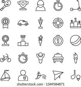 thin line vector icon set - bath ball vector, child Kick scooter, timer, car, pedestal, racer, retro, stopwatch, flame torch, winner, podium, prize, cup, man with medal, pennant, first place, aim
