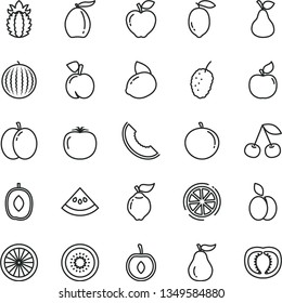 thin line vector icon set - apple vector, pear, cherry, peach, quince, apricot, red, tasty mulberry, water melon, slice of, loquat, delicious plum, tangerine, half, lemon, yellow, kiwi, orange