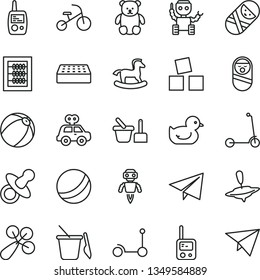 thin line vector icon set - paper airplane vector, dummy, new abacus, baby rattle, duckling, bath ball, motor vehicle present, roly poly doll, tumbler, toy phone, mobile, sand set, children's, yule