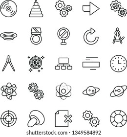 Thin Line Vector Icon Set - Prohibition Vector, Right Direction, Minus, Clockwise, Stacking Toy, CD, Delete Page, Porcini, Plate, Gears, Scheme, Wall Watch, Atom, Drawing Compass, Saturn, Gold Ring