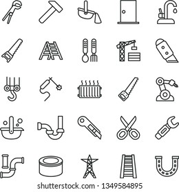 thin line vector icon set - scissors vector, iron fork spoons, tower crane, winch hook, adjustable wrench, hand saw, arm, stepladder, ladder, sewerage, ntrance door, knife, stationery, hammer, luck