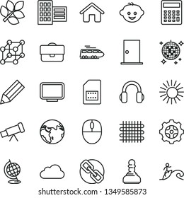 thin line vector icon set - spectacles vector, calculator, children's hairdo, house, ntrance door, city block, gear, weaving, SIM card, portfolio, pencil, mouse, monitor, headphones, cloud, globe