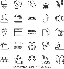 thin line vector icon set - clean paper vector, woman, storage unit, open pin, accessories for a hairstyle, small teddy bear, building level, flag, fried vegetables on sticks, cone, pumpkin, note