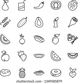 thin line vector icon set - vector e, stick of sausage, mini hot dog, slices onion, cake with a hole, grill chicken leg, meat on skewers, piece, cucumber, beet, sushi set, japanese, strawberries