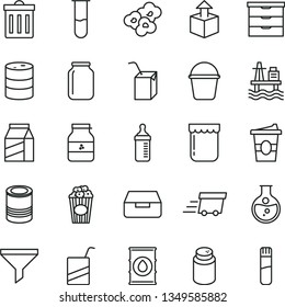 thin line vector icon set - bin vector, storage unit, measuring bottle for feeding, powder, e, packing of juice with a straw, bucket, drawer, package, unpacking, tin, popcorn, cup, coffe to go, jam