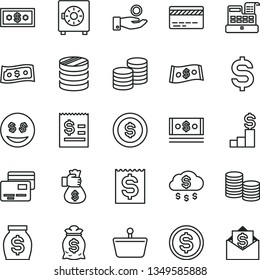 thin line vector icon set - bank card vector, strongbox, cards, coins, shopping basket, column of, denomination the dollar, article on, financial item, catch a coin, money, cash, machine, bag hand