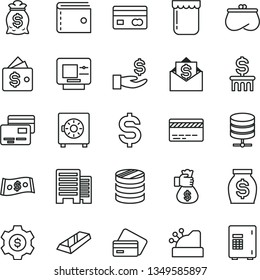 thin line vector icon set - bank card vector, purse, buildings, big data server, strongbox, cards, jam, reverse side of a, column coins, denomination the dollar, get wage, money, cashbox, gold bar