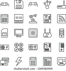 thin line vector icon set - lightning vector, floppy disk, monitor, calculator, rss feed, cards, math actions, processor, assembly robot, SIM card, engineer, pc power supply, tower, motherboard, usb