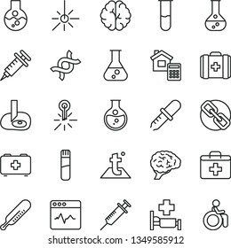 thin line vector icon set - spectacles vector, first aid kit, mercury thermometer, bag of a paramedic, medical, estimate, temperature, cardiogram, round flask, outdoor, test tube, dna, brain