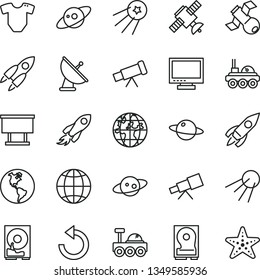 thin line vector icon set - monitor vector, counterclockwise, t short, earth, artificial satellite, planet, billboard, rocket, space, hdd, telescope, antenna, saturn, lunar rover, first, starfish