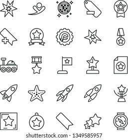 thin line vector icon set - add bookmark vector, remove label, star gear, rocket, lunar rover, bang, cup, reward, medal, flag, hero, ribbon, certificate, three stars, flying man, disco ball, compass