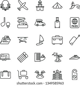 thin line vector icon set - suitcase vector, passport, sand castle, plane, car baggage, camper, rolling, case, hotel, tent, beach, palm tree, hawaii wreath, aquapark, surfing, golf, cruiser, hammok