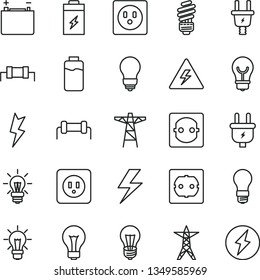 thin line vector icon set - lightning vector, danger of electricity, matte light bulb, saving, power socket type b, f, charge level, charging battery, accumulator, line, pole, plug, electric