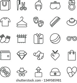 thin line vector icon set - purse vector, spectacles, hat, with glasses, bath ball, accessories for a hairstyle, comb, warm socks, Knitted, shoes little children, winter, bag handles, T shirt