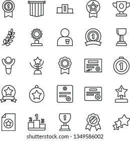 thin line vector icon set - pedestal vector, medal, patente, winner, laurel branch, prize, award, cup, gold, star, reward, man with, first place, pennant, ribbon, certificate, flag, three stars