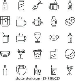 thin line vector icon set - mug for feeding vector, measuring cup, bottle, bath ball, e, packing of juice with a straw, coffee, plate milk, beans, tea, coffe to go, glass soda, cocktail, can, liquor