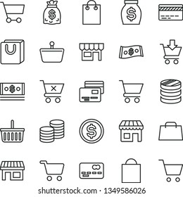 thin line vector icon set - paper bag vector, grocery basket, bank card, cart, put in, crossed, with handles, cards, kiosk, coins, stall, shopping, front of the, column, dollar, money, dollars, cash