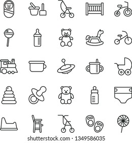 thin line vector icon set - baby cot vector, dummy, mug for feeding, bottle, measuring, diaper, stroller, summer, sitting, stacking rings, roly poly doll, toy sand set, children's potty, chair, yule