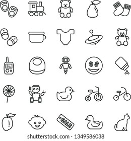 thin line vector icon set - baby powder vector, bib, Child T shirt, rubber duck, duckling, warm socks, toy mobile phone, children's potty, teddy bear, small, hairdo, train, yule, bicycle, tricycle