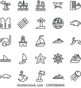 thin line vector icon set - anchor vector, small fish, sea port, commercial seaport, coastal lighthouse, planet, sand castle, sail boat, hotel, beach, palm tree, starfish, diving mask, surfing