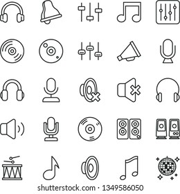 thin line vector icon set - bell vector, desktop microphone, horn, loudspeaker, silent mode, drumroll, headphones, music, CD, regulator, volume, no sound, pc speaker, note, settings, disco ball