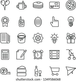 thin line vector icon set - alarm clock vector, chest of drawers, mug for feeding, sitting stroller, toy mobile phone, colored air balloons, long meashuring tape, paint bucket, index finger, notes