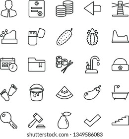 thin line vector icon set - left direction vector, hammer of a judge, check mark, folder bookmark, potty chair, children's tracks, warm hat, paint bucket, bath, kitchen faucet, employee, key, coins