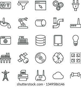 thin line vector icon set - CD vector, big data, size, water pipes, light bulb, hydroelectric station, power line, electric plug, industrial enterprise, pipe, assembly robot, steel production, cloud