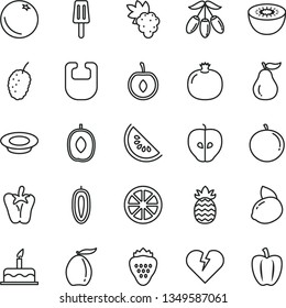 thin line vector icon set - bib vector, cake, broken heart, a plate of milk, peper, popsicle, strawberry, orange, pomegranate, grape, tasty apple, mulberry, slice water melon, loquat, goji berry