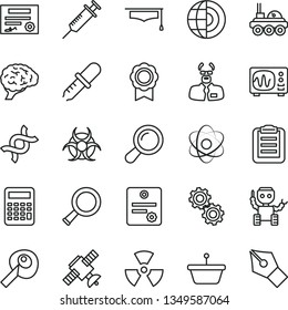 thin line vector icon set - pan vector, atom, nuclear, zoom, dna, brain, gears, satellite, biohazard, pipette, oscilloscope, scientist, graduate hat, clipboard, calculator, artifical insimination