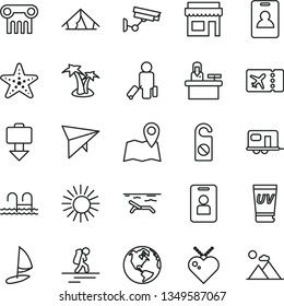 thin line vector icon set - earth vector, camper, hang glider, backpacker, identity card, passenger, plane ticket, getting baggage, tent, beach, sun, uv cream, palm tree, pool, starfish, map, access